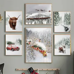 Winter Snow Train Moose Landscape Picture Canvas Painting Wall Art Christmas Tree Poster Nordic Scenery Print for Home Decor