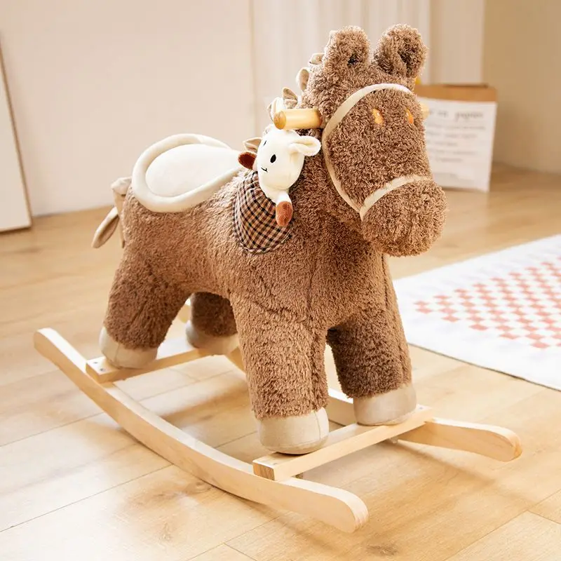 Children\'s Wooden Plush Pony Rocking Horse Soft Plush Stroller Music Balance Chair Baby Toy Kids Birthday Gif