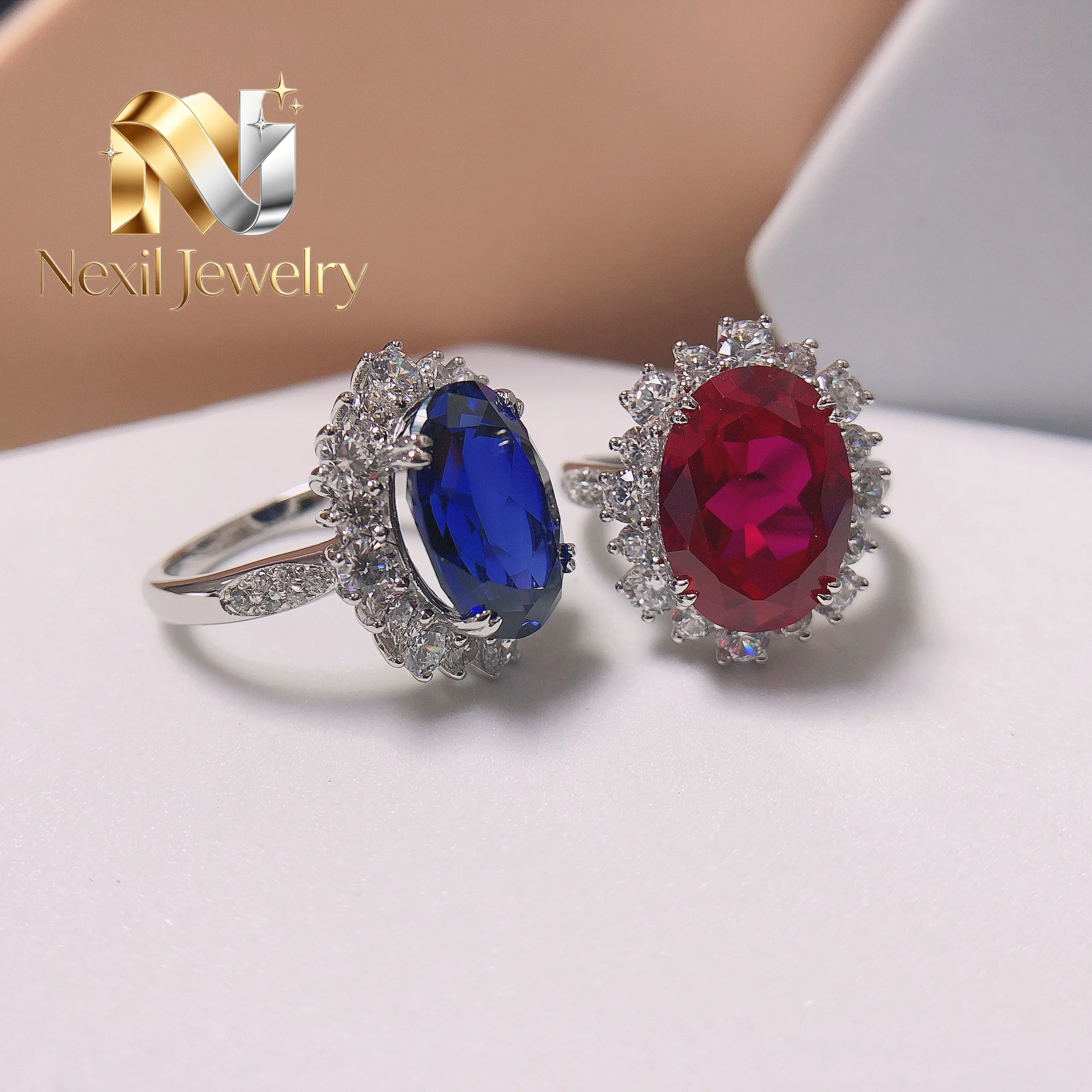

Nexil Jewelry Amazed 8Ct 14X10mm Lab Created Sapphire/Ruby Gem Engagement Diamond Ring for Women Solid 14K White Gold Jewelry