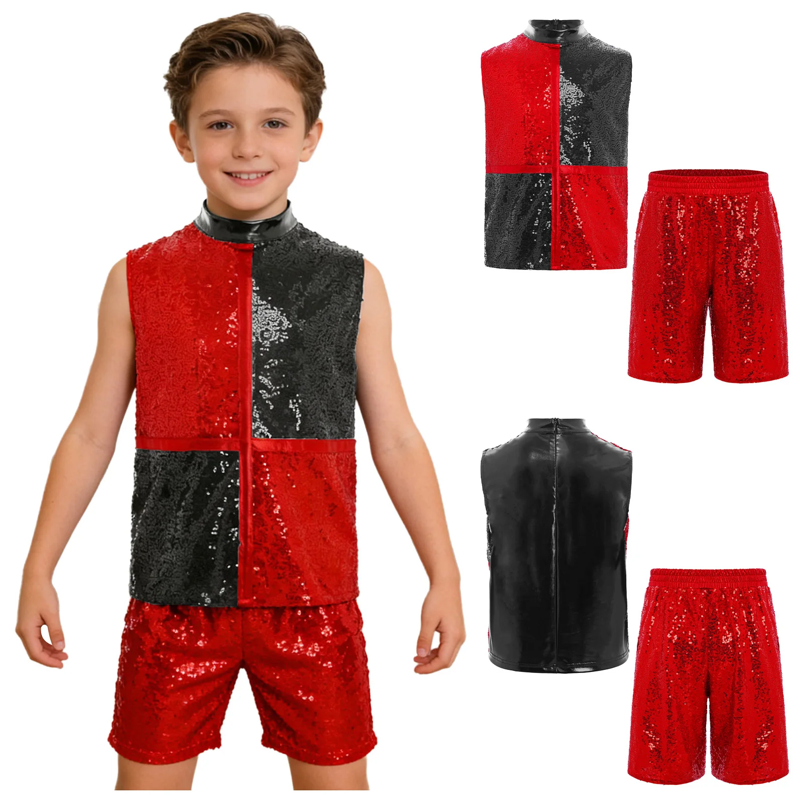 Kids Boys Girls Hip Hop Jazz Street Dance Outfit Shiny Sequin Zipper Tank Top Elastic Waist Shorts for School Party Carnival