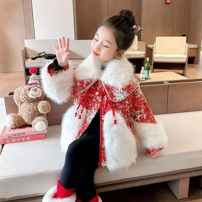 

Girl's Faux Fur Fur Coat 2025 New Style For Baby Girls With Added Plush and Thickened Western Style Sequins For The New Year