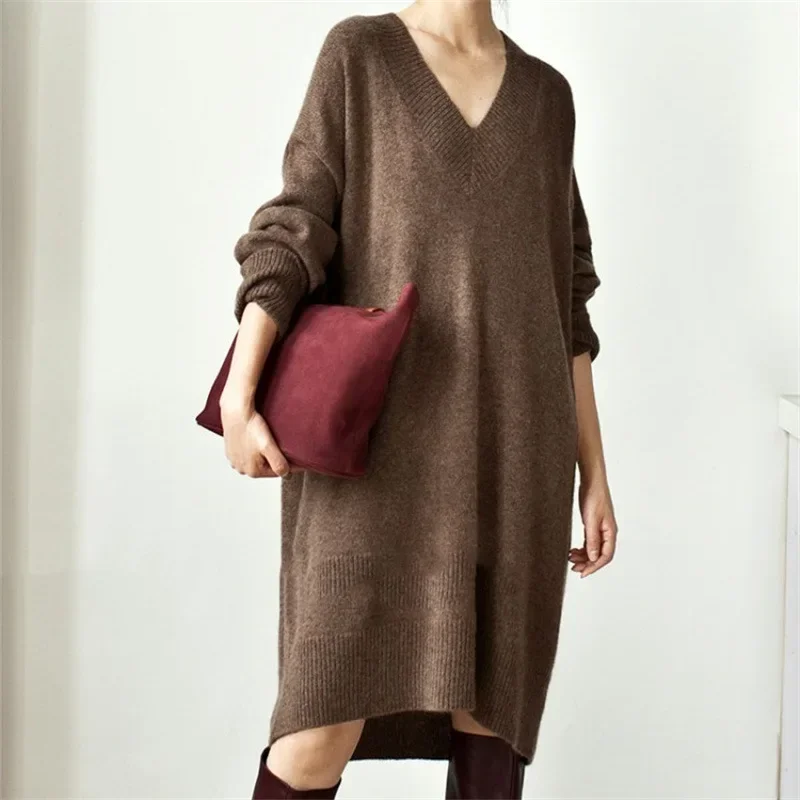 

For Women Autumn and Winter Sweater 2025 Loose Medium to Long V-neck Knitted Sweater