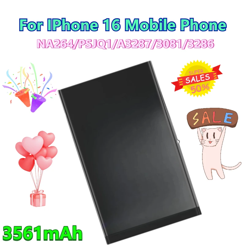 

3561mAh Battery for IPhone 16 Mobile Phone NA264/PSJQ1/A3287/3081/3286