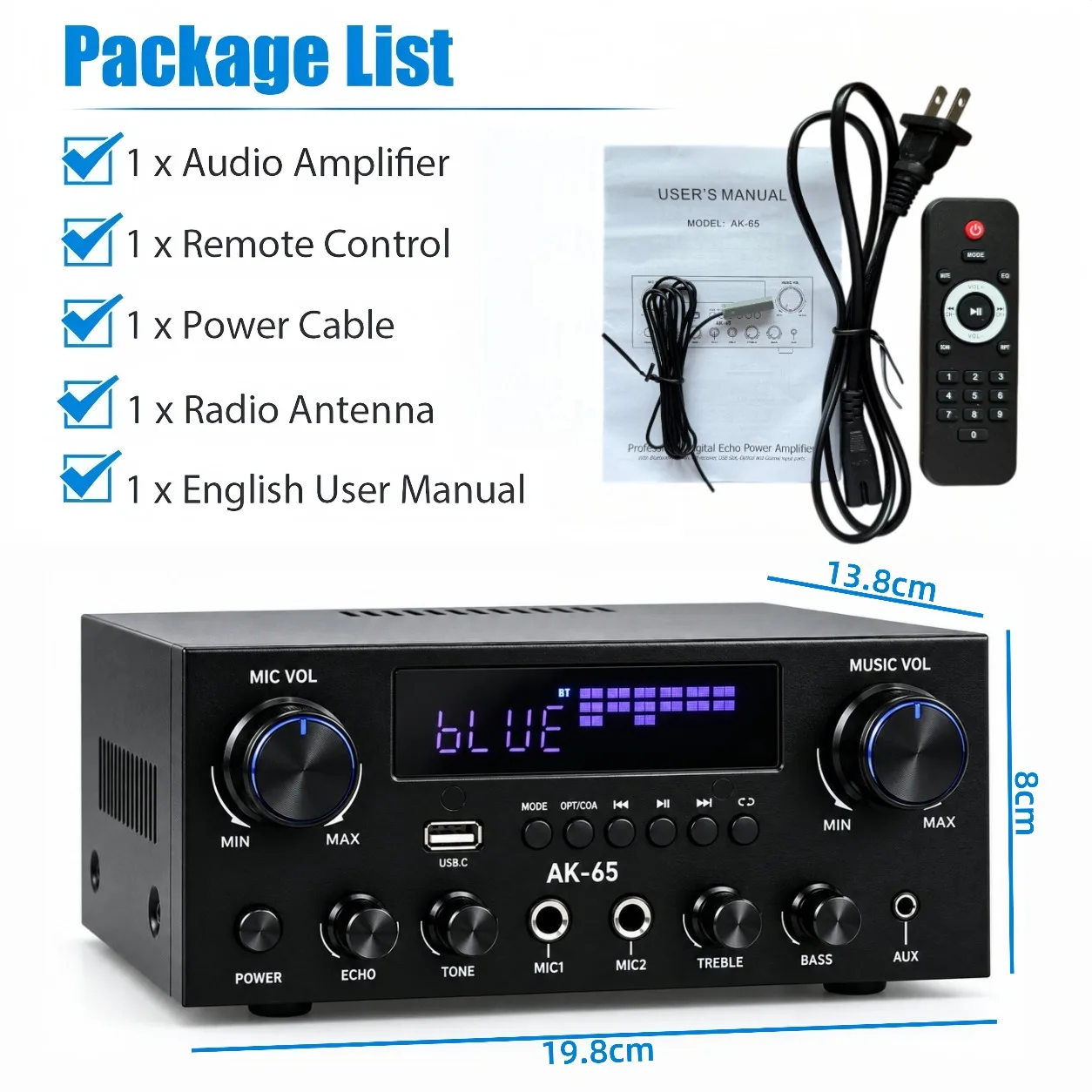 Woopker AK65 2-Kanal-Stereo-Verstärker 70W+70W Bluetooth-Verstärker mit dynamischer LED-Anzeige, Dual-Mikrofon-Karaoke-Steuerung für Heim-Audio – Detail 10