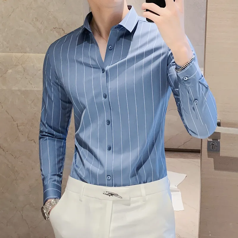 High Quality Seamless Shirt Men No Iron Casual Business Stripe Shirt Men\'s Long Sleeved Shirt Social Office Camisa Masculina