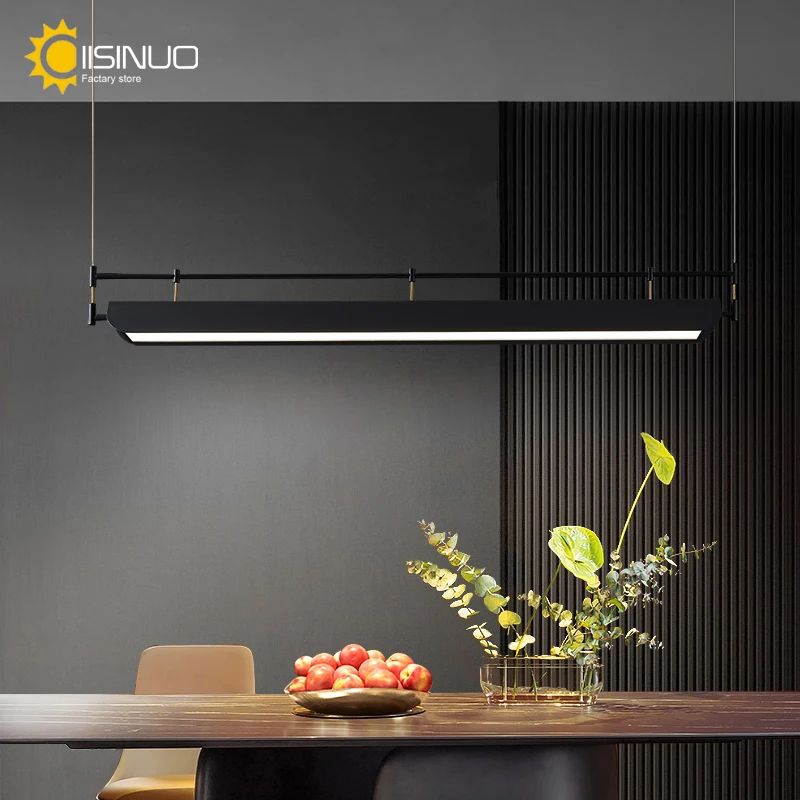 Modern LED Restaurant Chandelier Minimalist Long Strip Pendant Lamps Indoor Lighting For Dining Room Island Black Table Fixtures