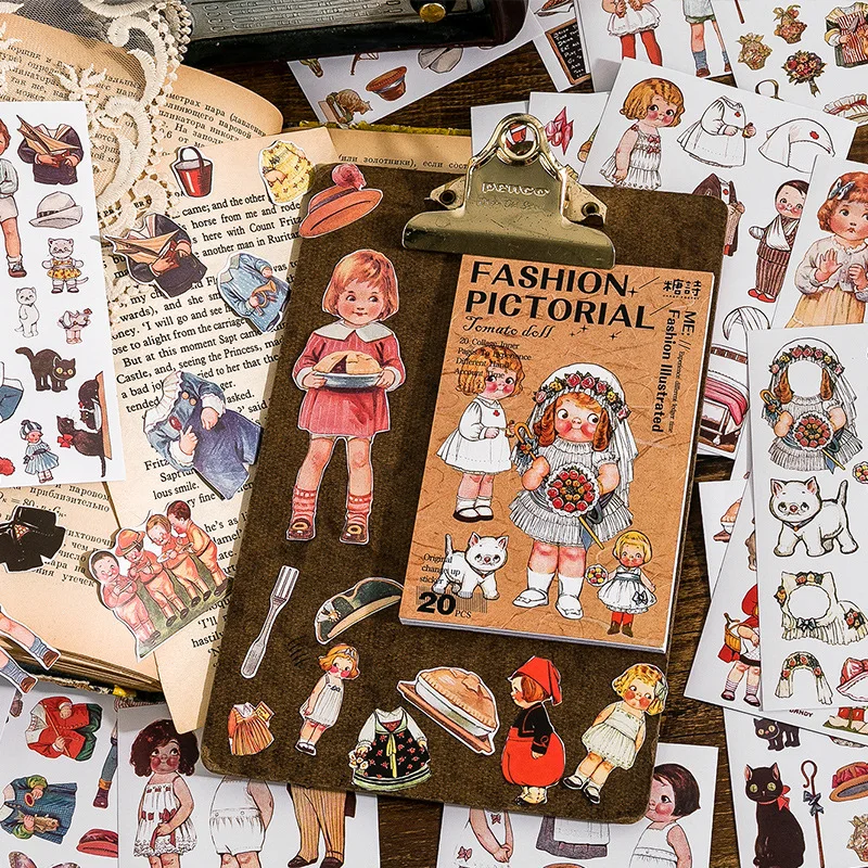 20pcs Fashion Illustrated Series Decorative Stickers Pack Retro Girl Material Sticker DIY Diary Scrapbook Decoration Stationery