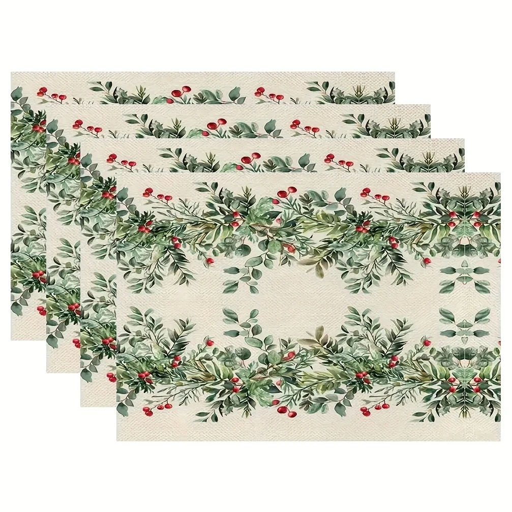 4/6/8pc Christmas Green Leaf Red Berry Wreath Linen Placemats Festive Holiday Kitchen Dining Table Decor Perfect For Family