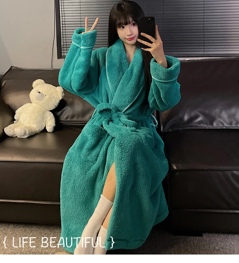 Plush robe for women-cyan