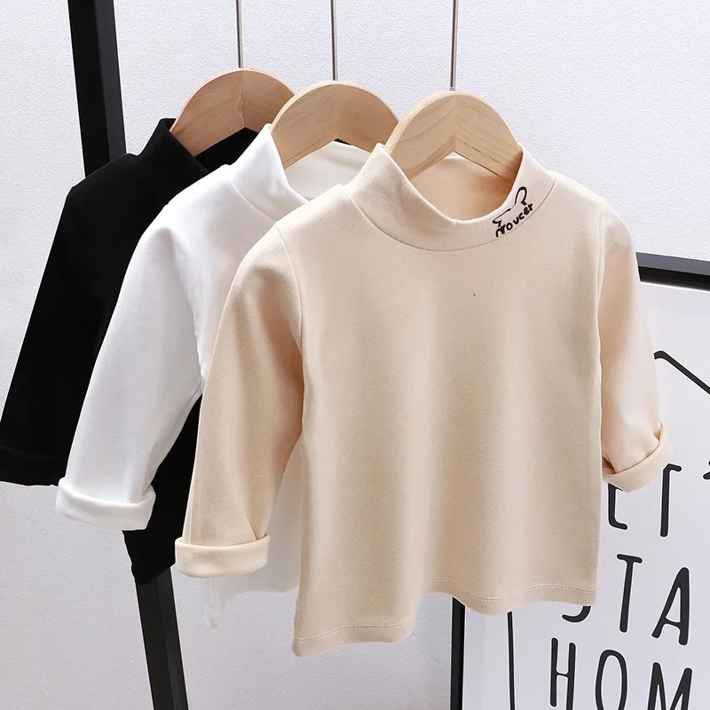 1pcs Spring Autumn Children's T-Shirts Baby Solid Color Warm Top Kid Half High Collar Long Sleeve Base Shirt Boys Girls Tshirts