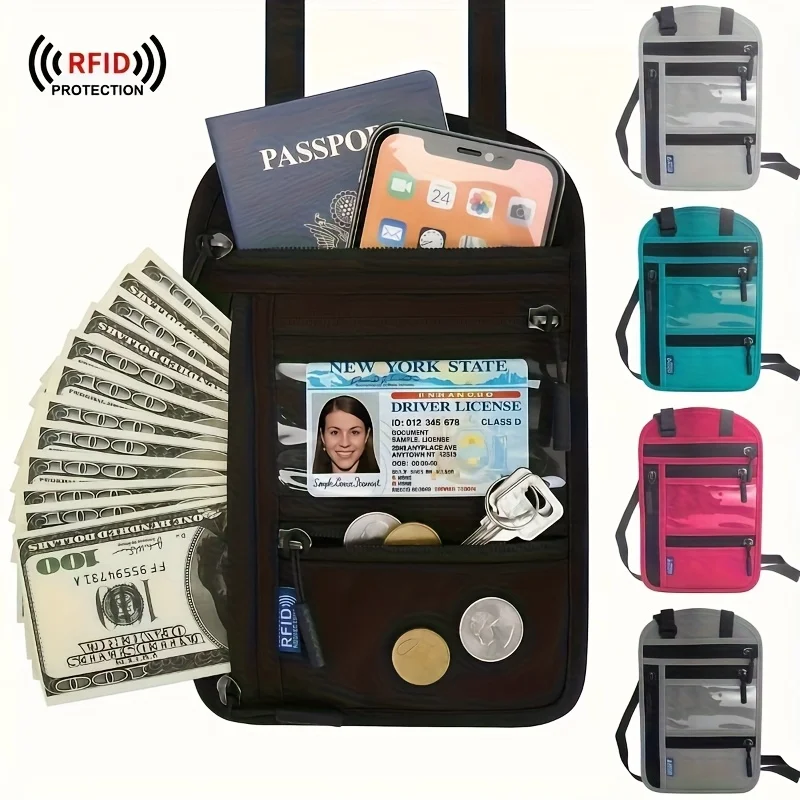 

Blocking Neck Wallet Adjustable Strap Waterproof Nylon Passport Holder Secure Zipper Pockets Cards Cash Tickets Travel Documents