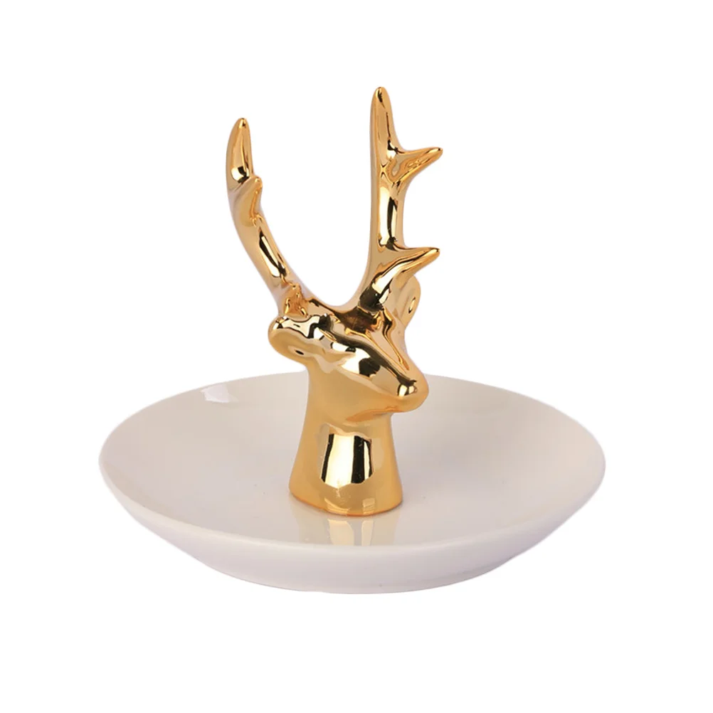 

2Pcs Golden Deer Head Ceramic Jewelry Storage Tray Elegant Ring Dish Organizer for Wedding Anniversary Gift Home Decor