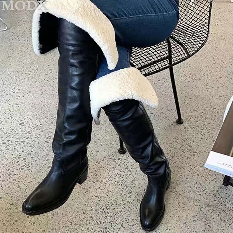 Winter Warm Wool Fur Long Boots Round Head Thick Heel Woman High Snow Boots Fashion Genuine Leather Over The Knee Botas Female