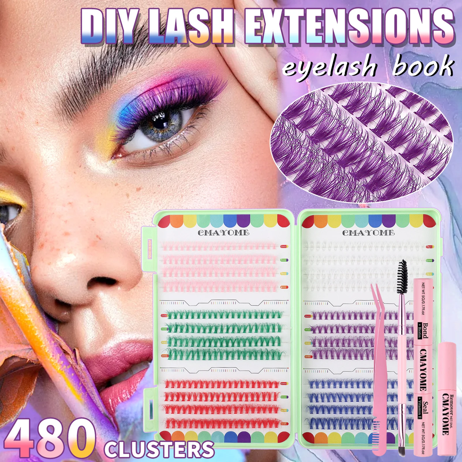 Color Eyelash Extension Kit, colorido Book Bond e Seal Cílios Glue, Fluffy Cluster Cílios para Profissionais, 480Pcs