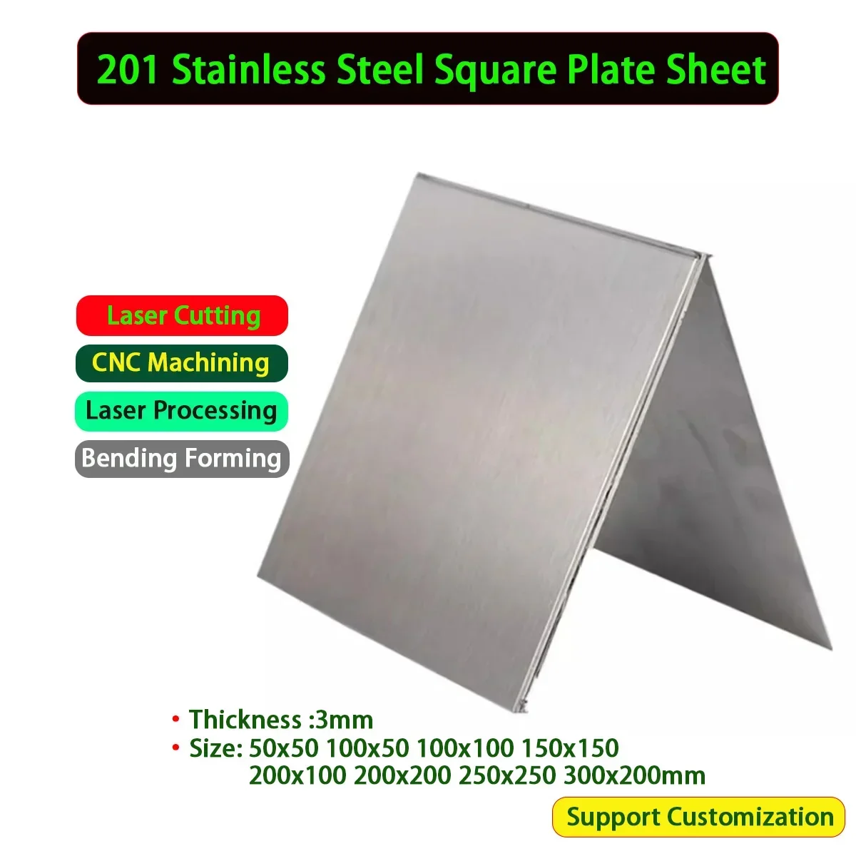 

201 Stainless Steel Square Plate Sheet Thickness 3mm Size 50x50 100x50 100x100 150x150 200x100 200x200 250x250 300x200mm