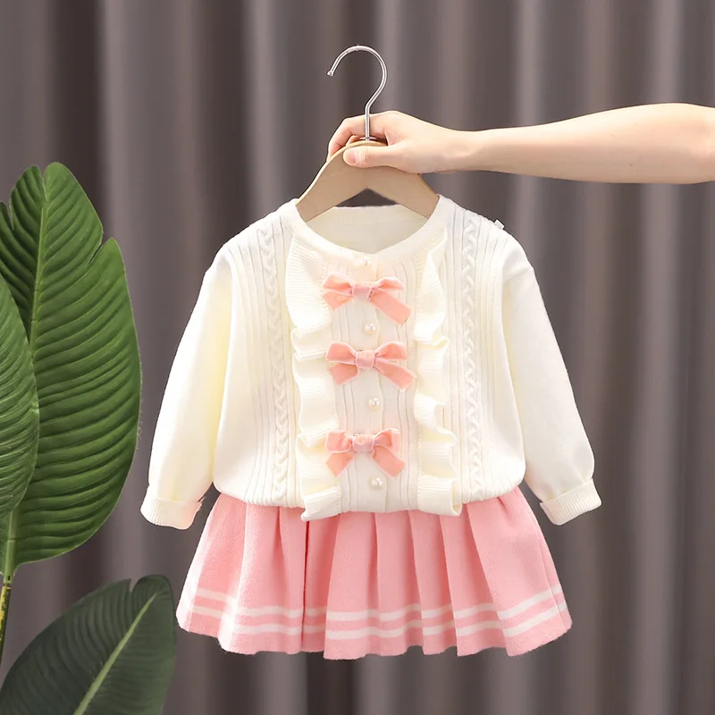 New Autumn Winter Children Girl 2PCS Clothes Set Loose Knotbow Knitted Sweater Korean Red Pleated Skirts Infant Baby Girl Outfit