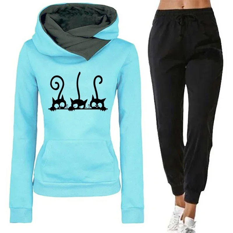 High Quality Ladies Daily Casual Sports Jogging Suit 2026 New Arrival Women's Cute Cat Hooded Outfits Hoodies and Jogger Pants
