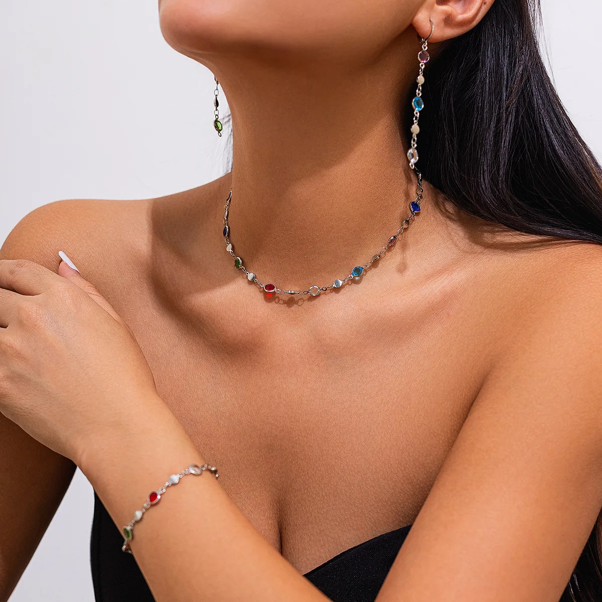 Square Crystal Bead Heart Pendant Choker Necklace Retro Colorful Dopamine Jewelry Lightweight Versatile for Daily Party Outing