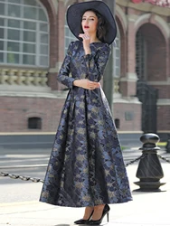 DEVCHATA Quality Elegant Women Long Sleeve Maxi Dress Floral Jacquard V Neck Lady Autumn Winter Party Fashion Formal Vestidos