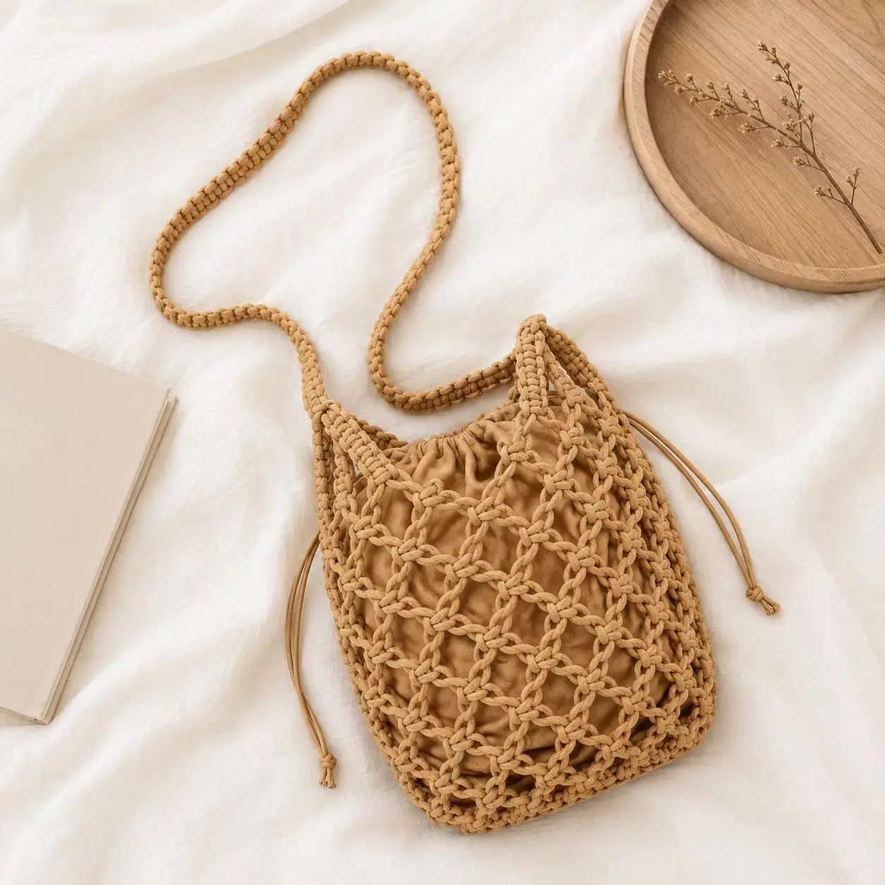 Handmade Macrame Net Bucket Bag Cotton Rope Woven Drawstring Shoulder Bag Bohemian Hollow Out Beach Tote Handbag For Women