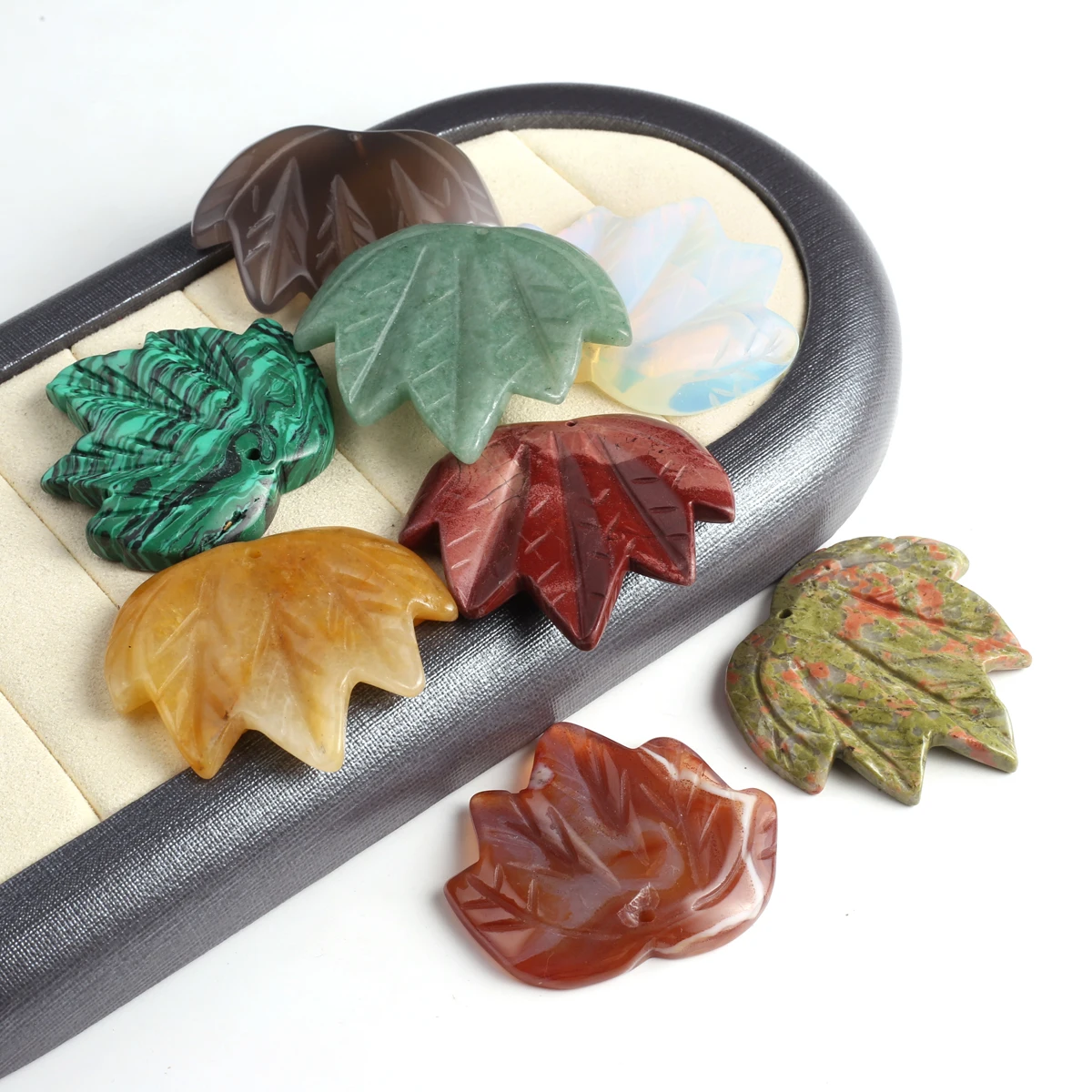 5PCS Carved Natural Stone Green Aventurine Jade Opal Maple Leaf Shaped Pendant Jewelry Making DIY Necklace Accessories Gift