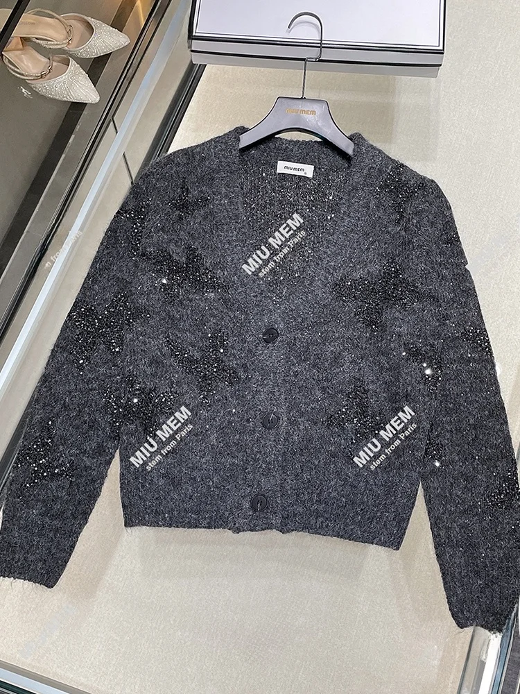 

South Oil High-End Women's Knitted V-Ne Sequin Cardigan Outerwear Autumn Winter Hepburn Sle Long Sve Regular Fit Coat