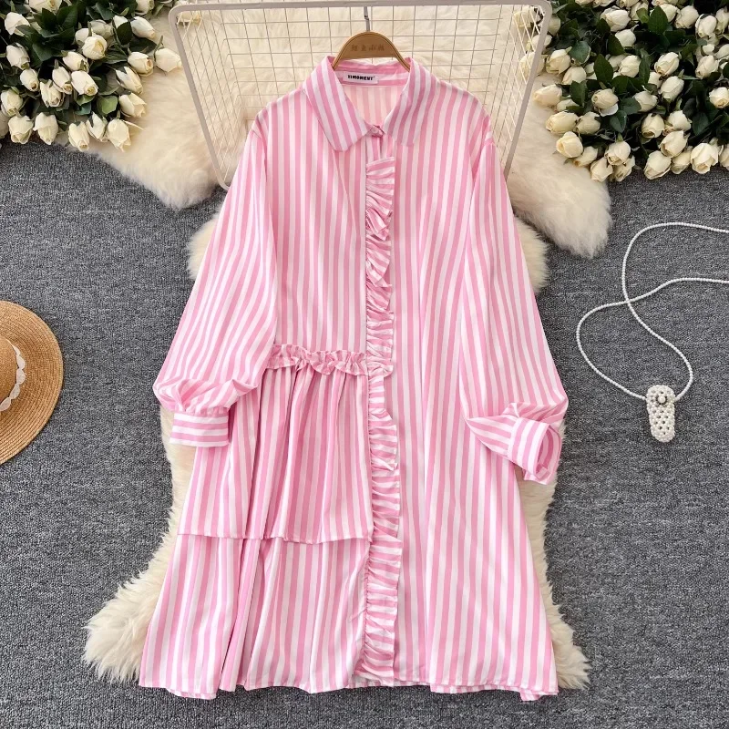 Neploe Niche Pleated Ruffle Edge Striped Dress Femme 2024 Autumn Korean Western-Style Age Reducing Casual Loose Shirt -Vestidos