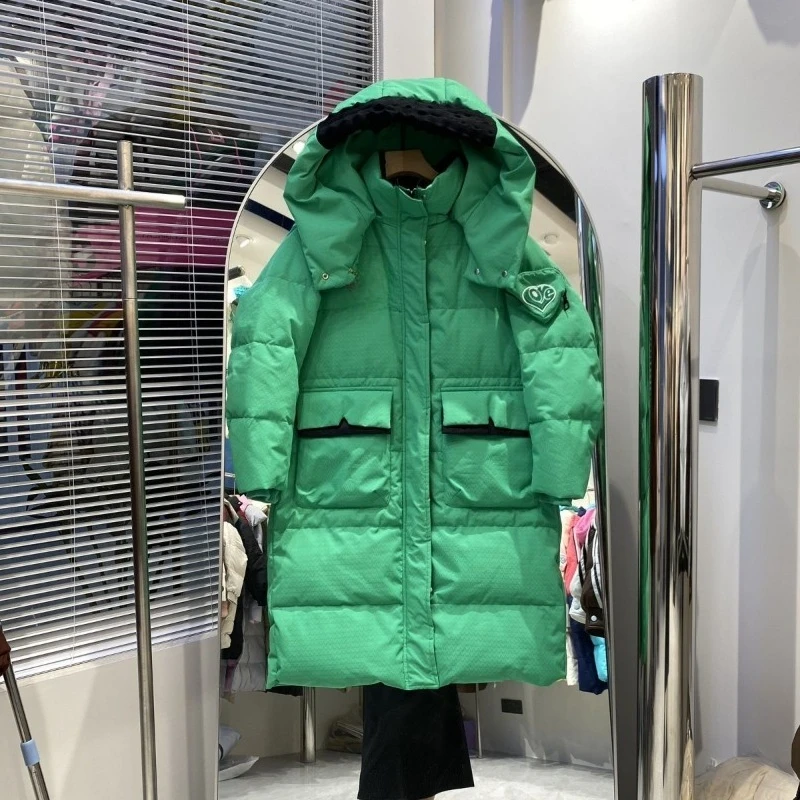 Winter Medium and Long Down Jacket Women's Over-knee Hooded Thickened Loose Contrasting Color Love Bag White Duck Down Jacket