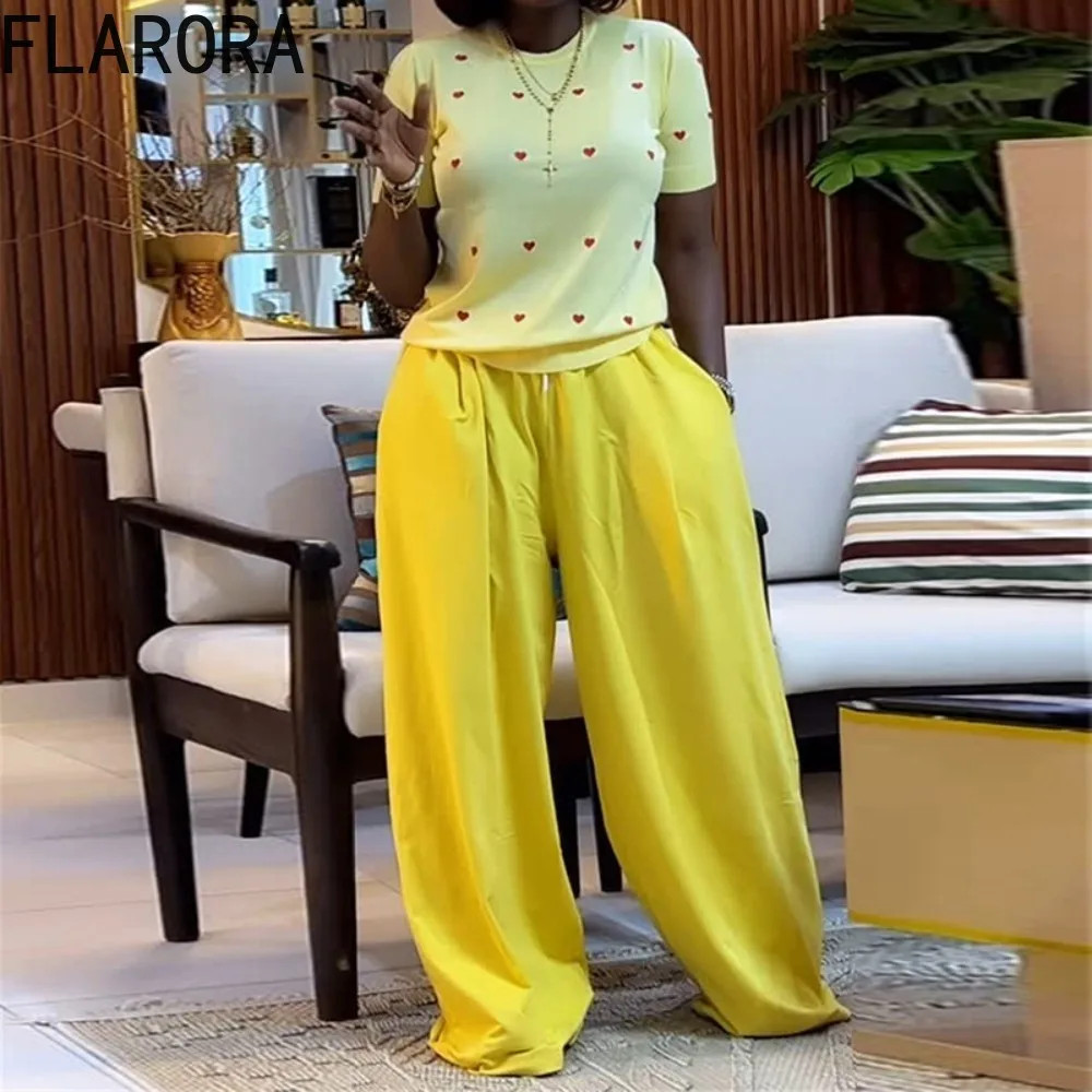 

FLARORA Fashion Love Print Two Piece Sets Woman Round Neck Short Sleeve Tops And Wide Leg Pants Outfits Summer New Streetwear