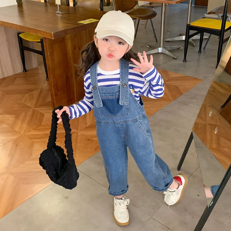 

Girls' Spring Wear Love Denim Strap Pants Set Casual Long Sleeve Stripe Pullover 2024 New Fashion Children's 2Pieces Suit