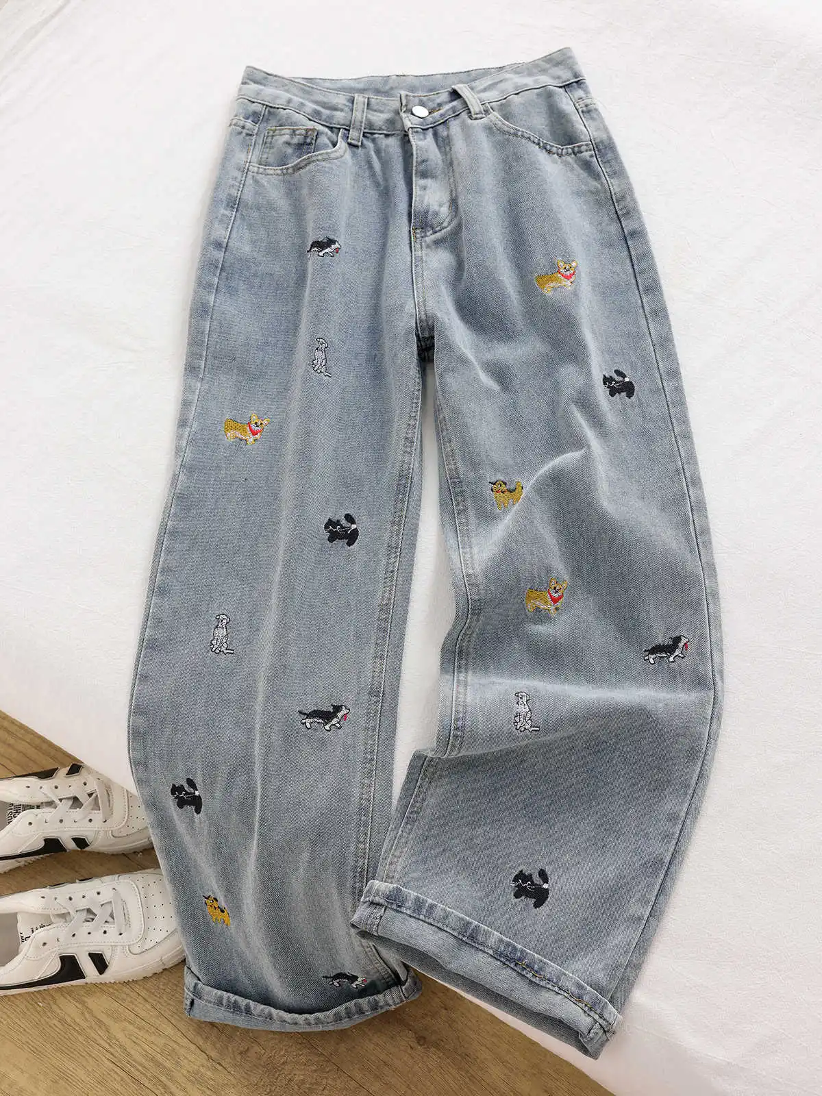 

Baggy Jeans Light Blue Korean Cartoon Dog Embroidered Denim Trousers Summer Women's High Waist Loose Wide Leg Pants ﻿