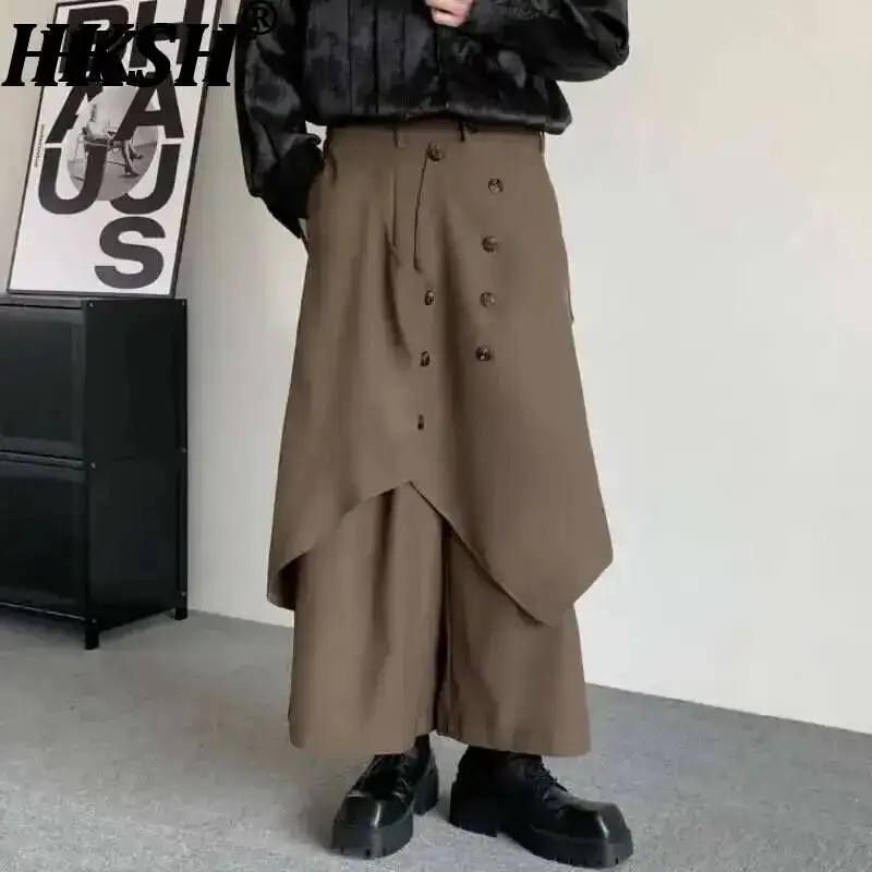 HKSH Spring Men Dark French Button Layered Japanese Style Irregular Suit Pants Tide Chic Women Loose Skirt -Pants Fashion HK0025