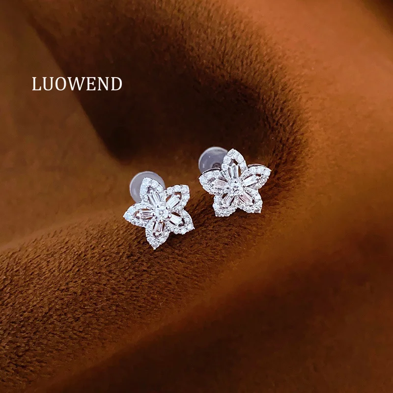 

LUOWEND 100% 18K White Gold Earrings Romantic Flower Shape Real Natural Diamond Stud Earrings for Women High Wedding Jewelry