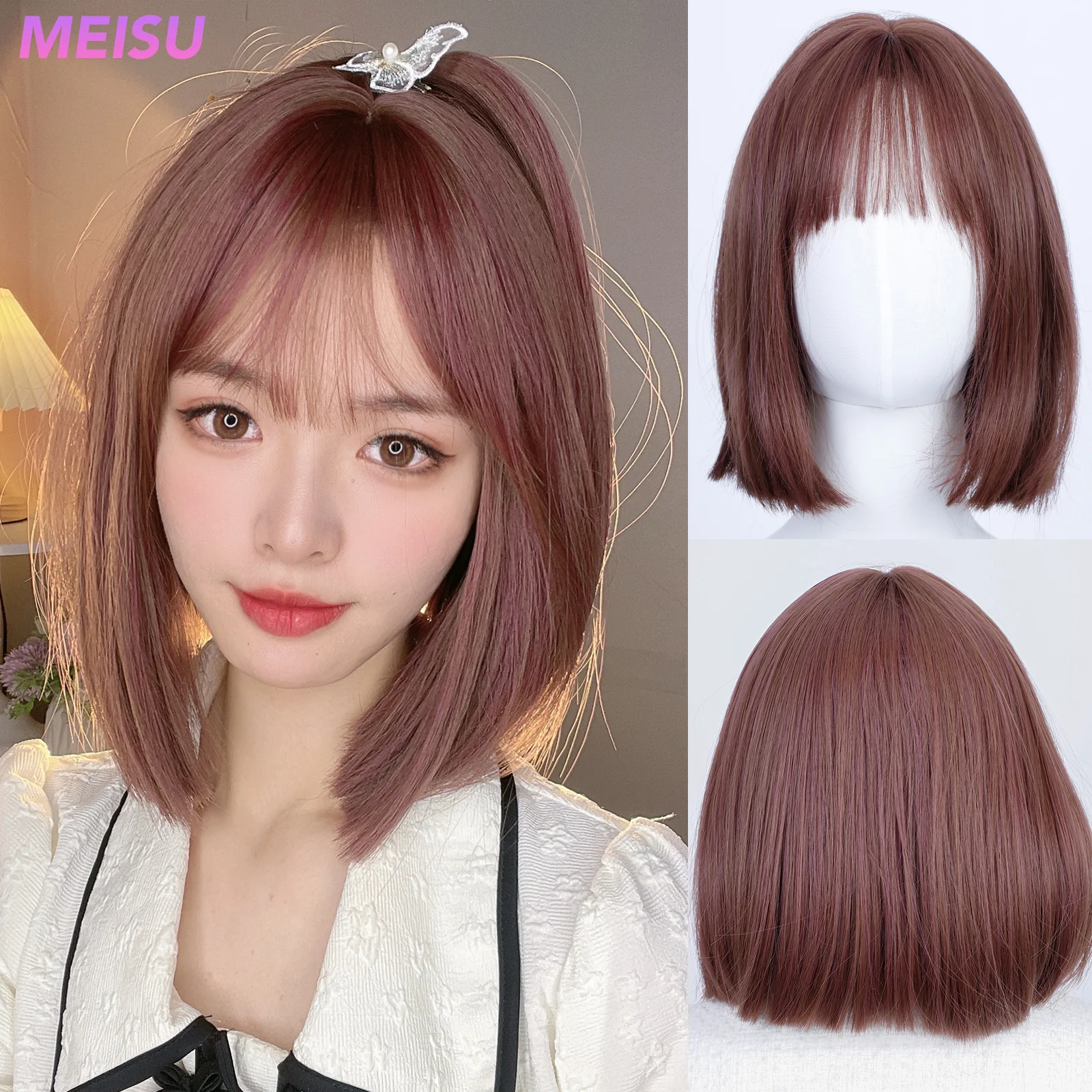 

MEISU Bob 12 Inch Short Pink Stairght Bangs Wig Fiber Synthetic Wig Heat-resistant Non-Glare Natural Cosplay Daily For Women