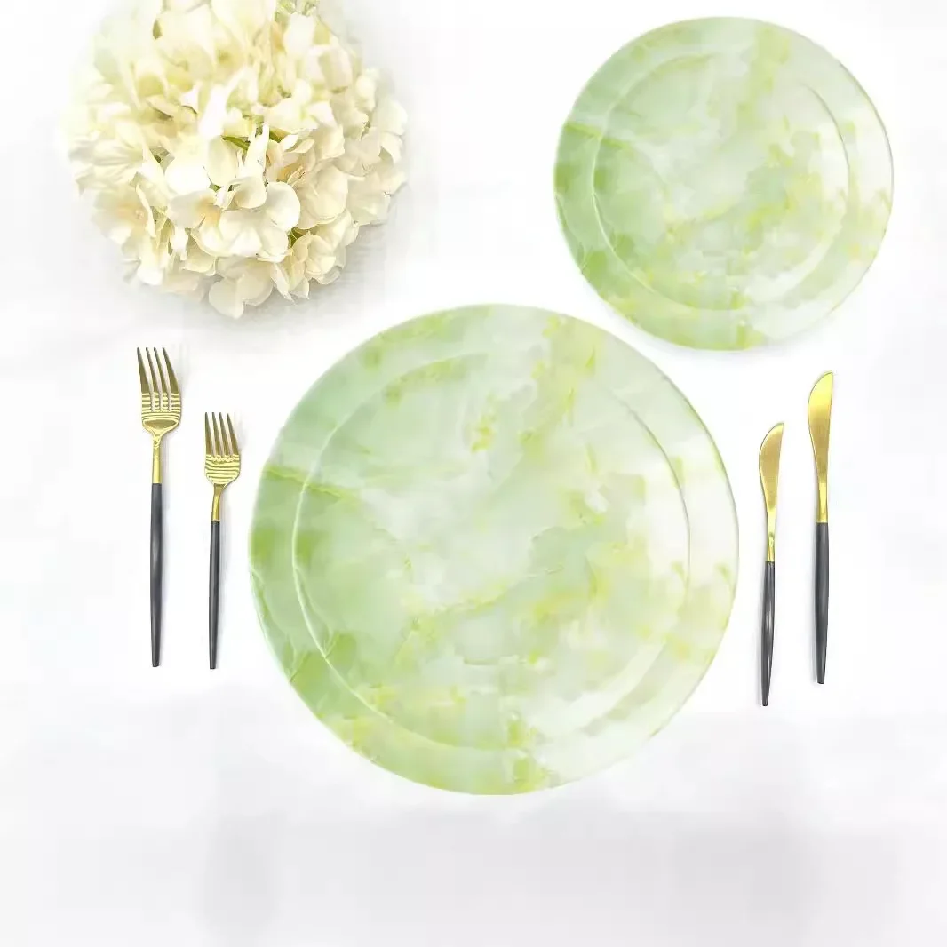 

Steak, Italian noodle plate,Western style plate,4PCS Green marble ceramic disc glazed color tableware, Bone china plate set