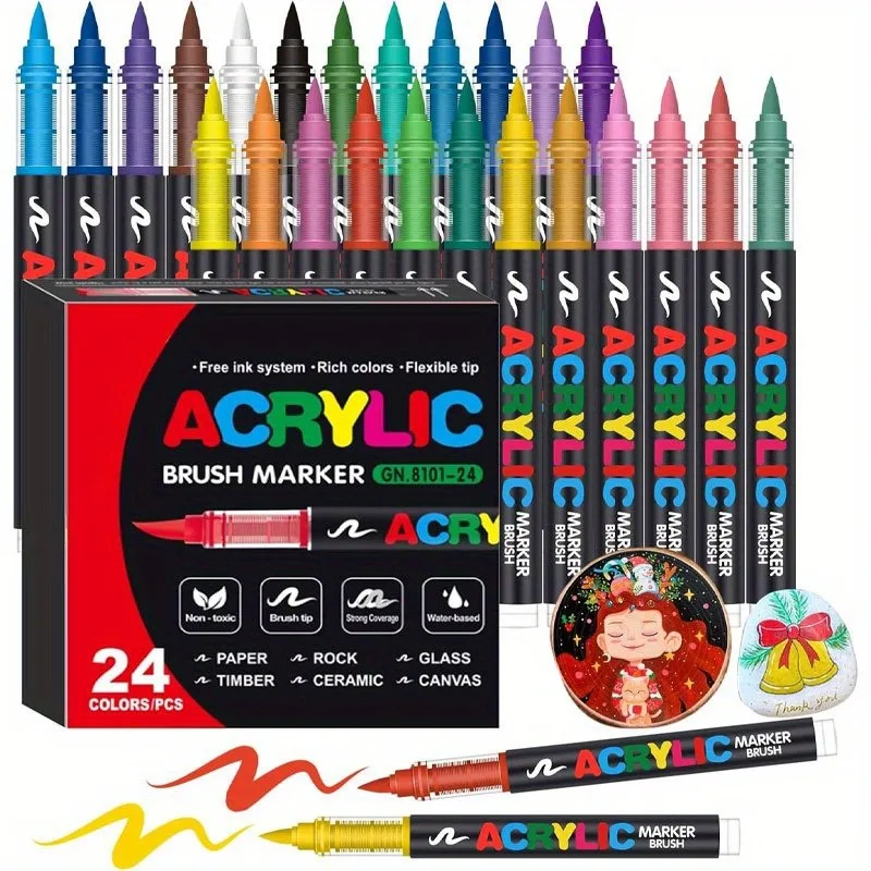 24/36 Colors Acrylic Paint Pens Set, Soft Flexible Brush Tips, Perfect for Halloween Christmas DIY Crafts Art Supplies
