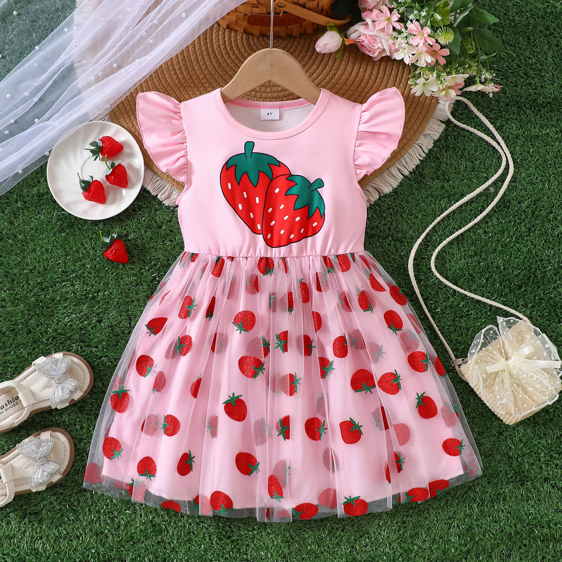 Toddler Girls Summer Cute Dress Flutter Sleeve Strawberry Printed Spliced Allover Strawberry Mesh Tulle Princess Party Dress