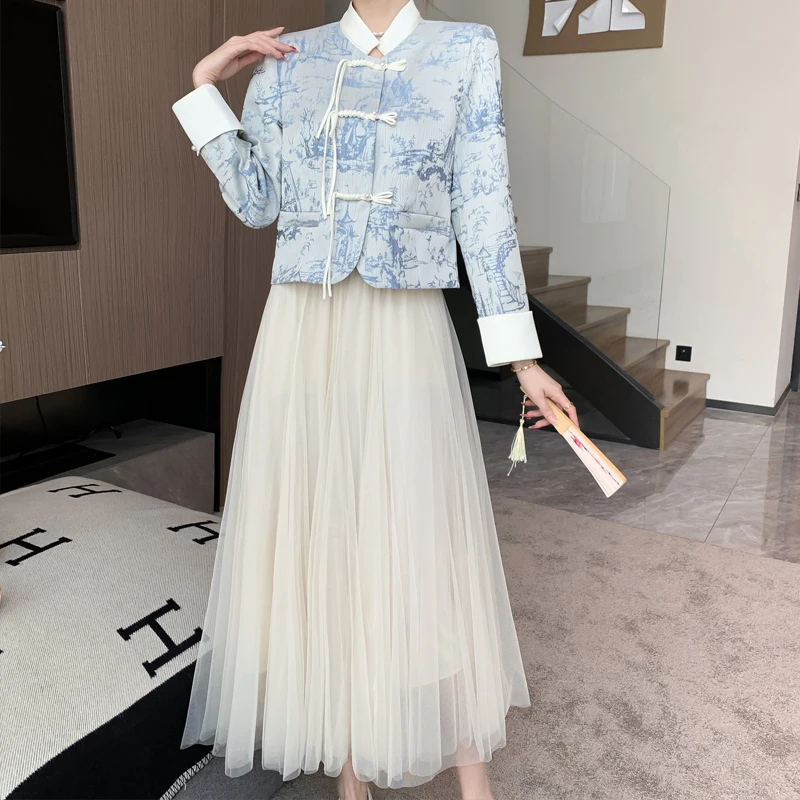 Runway Women Two Piece Skirt Set Autumn Chinese Style Stand Collar Chich Buttons Short Jacquard Coat+High Waist Mesh Skirt Suits