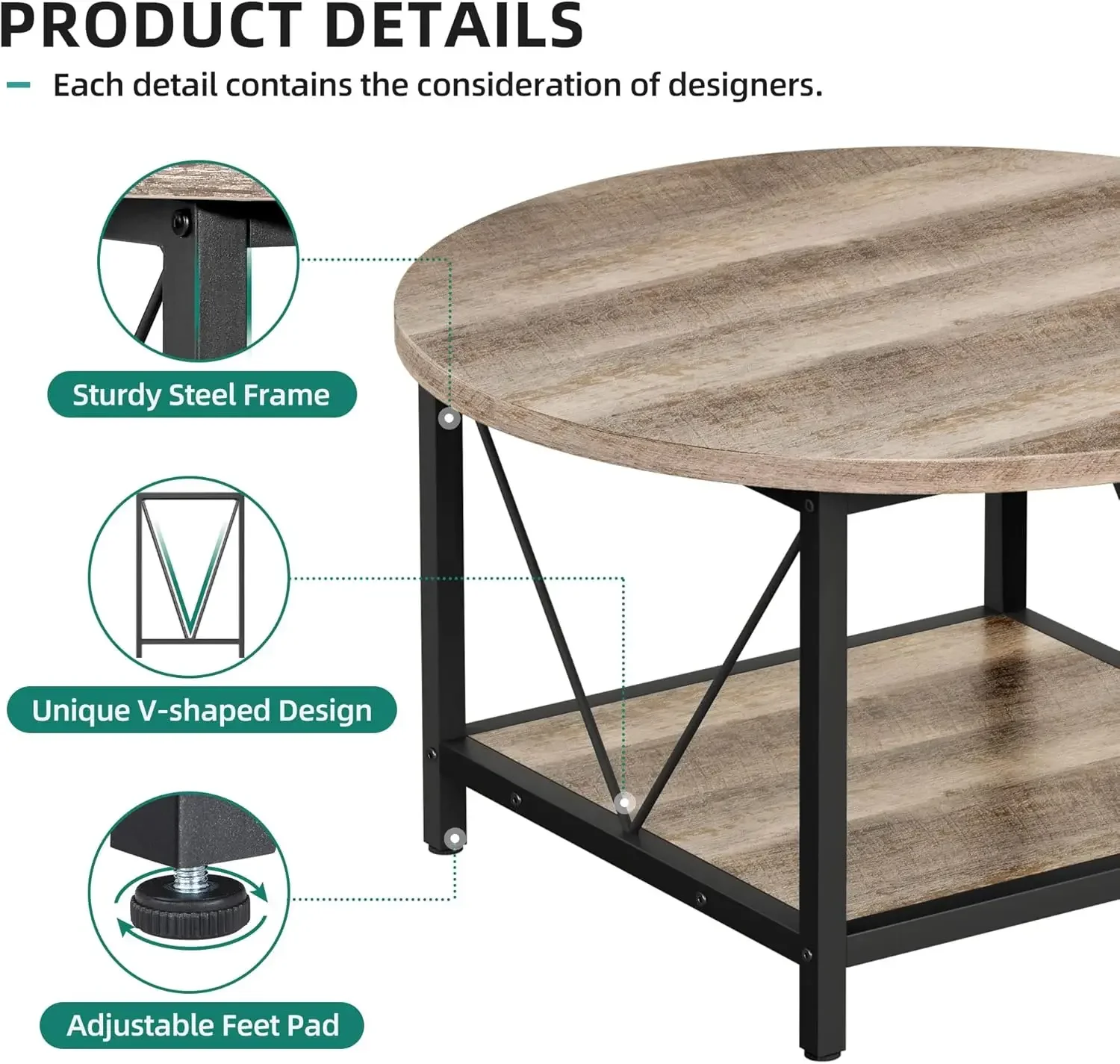 Mesa de centro redonda, mesas de centro de madera rústica para sala de estar con estante de almacenamiento, mesa de centro circular moderna de granja