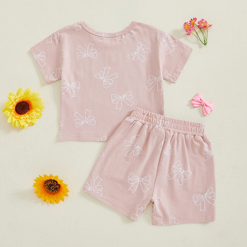 Pudcoco Toddler Girls Summer Outfit Bow Print Short Sleeve T-Shirt and Elastic Shorts Set Cute Summer 2 Piece Clothes 0-3T