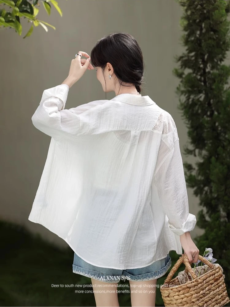 ALXNAN Plus Size Shirt Wit Casual Strand Zonnebrandcrème Lange Mouw Blouses Zomer Elegant Loose-fit Vakantie Dameskleding D11749