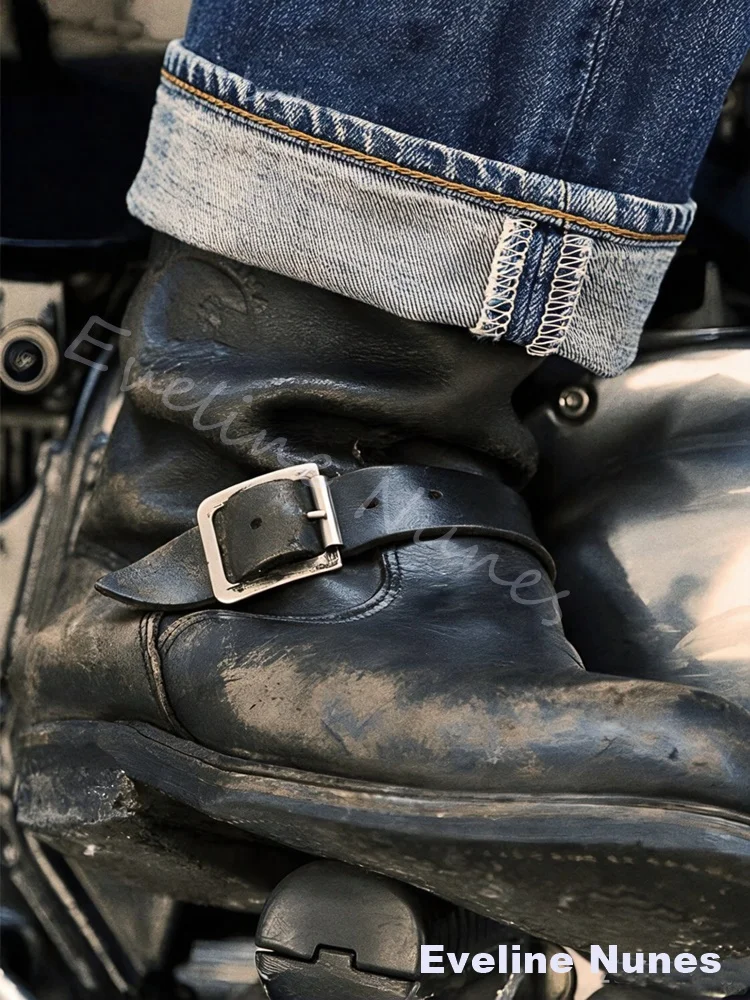 Retro Men Engineer Motorcycle Boots Black Leather Double Adjustable Buckle Straps Low Heel Boots Vintage Biker Mid Calf Footwear