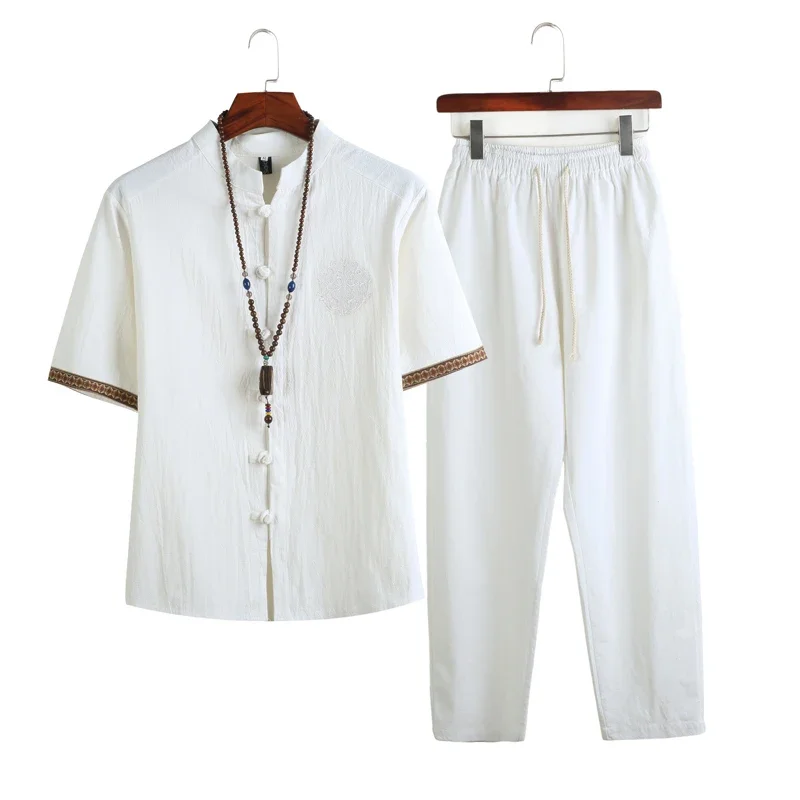 

Tai Chi Uniform Retro V-neck Short Sleeve Shirt Pants Set Summer Chinese Style Linen Tang Suit Traditional Clothing Men Shorts
