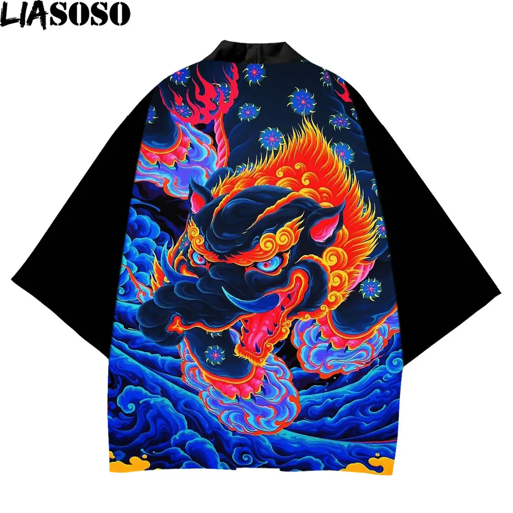 LIASOSO Black Kimono Dragon Asian Traditional Feather Top Taihei Yukata Anime Ukiyo-e Dress Homme Cardigan Cosplay Kimonos