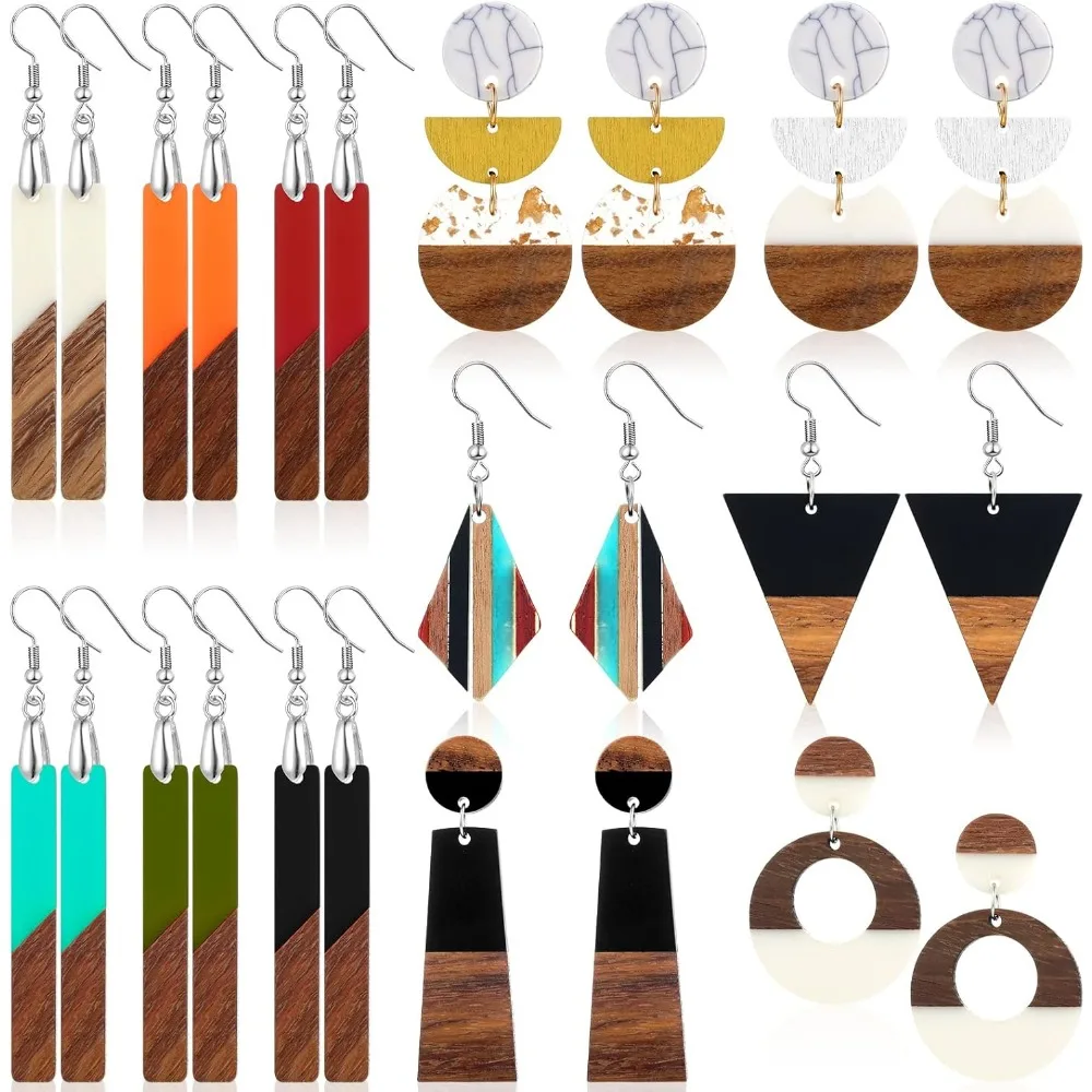 

12 Pairs Wooden Boho Dangle Geometric Lightweight Studs Resin Statement Earrings for Women