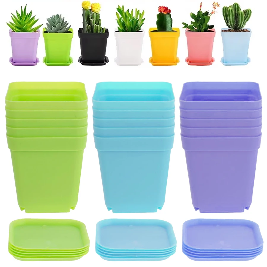 12/24pcs Colorful Square Flower Pot with Tray Flower Beds Garden Nurseries Plastic Flowerpot for Office Indoor Outdoor Decor XJM