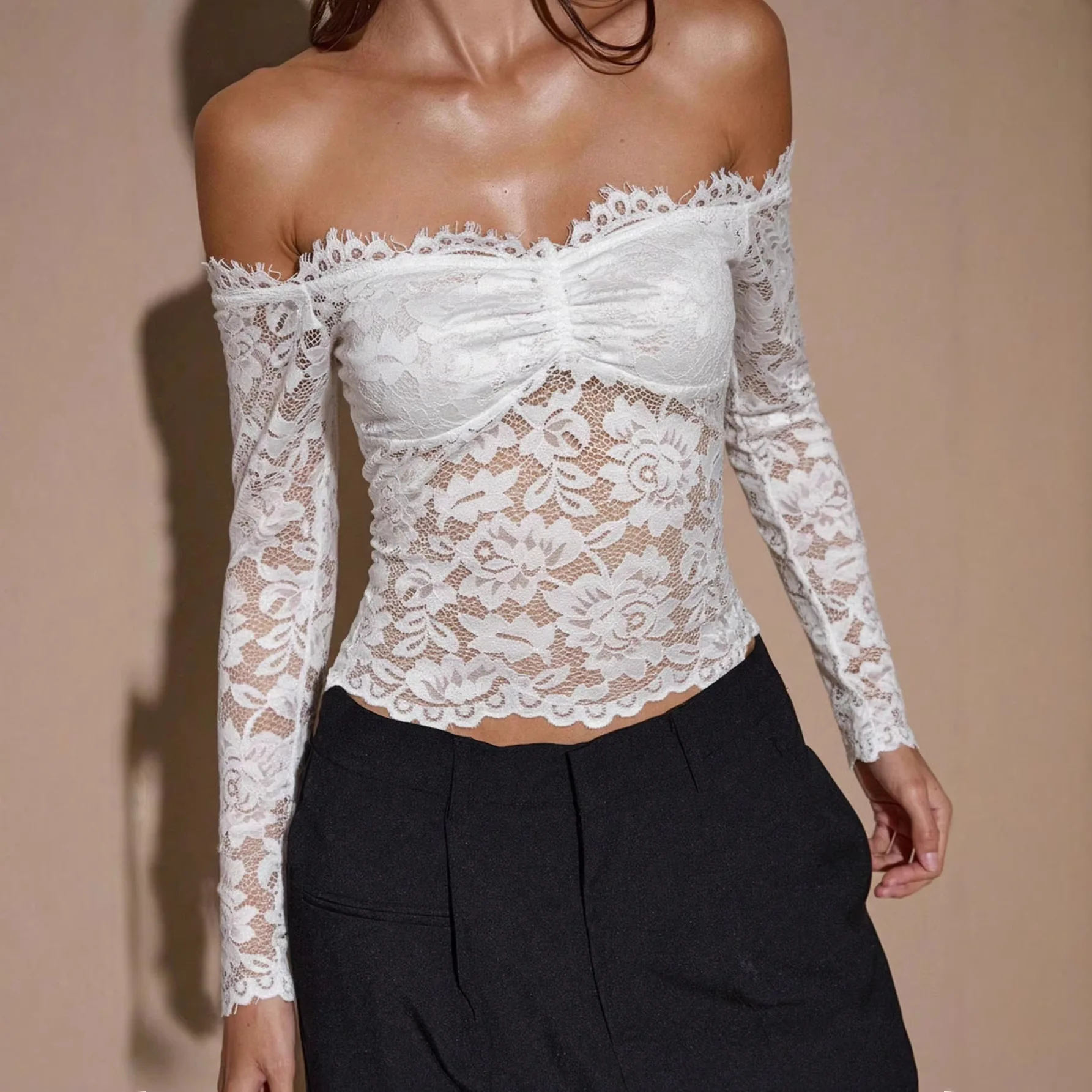 

2026 Spring and Summer New Women's White One-word Shoulder Long-sleeved Retro Lace Shirt Top