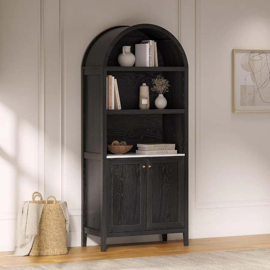 71 Tall Arched Bookshelf Bookcase Modern Farmhouse Storage Cabinet with Doors Adjustable Shelf Wood Cupboard with Open Display