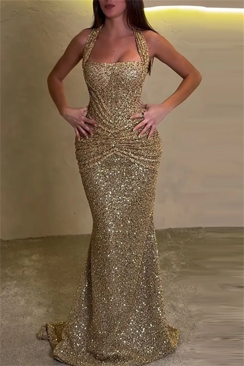 Golden Sequins Prom Dress Sexy Halter Sleeveless Ruffles Long Party Gown Sheath Formal Bridal Wedding Birthday Robe - view 4