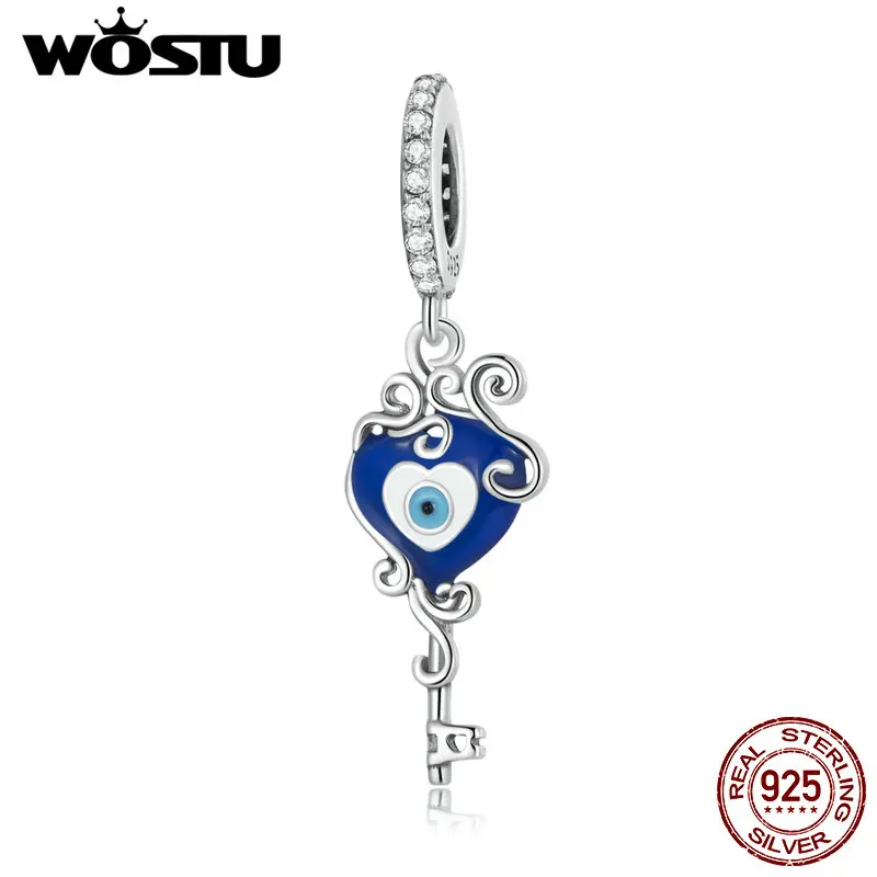 WOSTU Demon Eye Key Heart Pendent 925 Sterling Silver Artistic Face Mask Pendent Charms Beaded Fit Original DIY Bracelet Jewelry